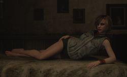 1girl 3d arm_support artist_request barefoot bed breasts full_body heather_mason highres jacket lips looking_at_viewer lying medium_breasts on_bed short_hair silent_hill silent_hill_(series) silent_hill_3 skirt sleeveless sleeveless_turtleneck solo turtleneck vest wristband
