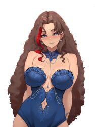 1girl absurdres arms_behind_back bare_shoulders blue_choker blue_eyes blue_gemstone blue_leotard breasts brown_hair choker cowboy_shot earrings eyeliner flower_trim gem highres jewelry large_breasts leotard lingerie long_hair makeup mole mole_on_breast mole_on_shoulder mole_under_eye multicolored_hair multiple_moles myth1carts navel nijisanji nijisanji_en parted_lips plunging_neckline red_eyeliner red_hair second-party_source simple_background single_hair_streak sisterguni smile solo two-tone_hair underwear very_long_hair white_background