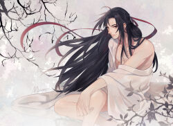 Rule 34 | 1boy, ahoge, alternate costume, arm on knee, artist name, bare legs, bare pectorals, bathrobe, bishounen, black hair, branch, chest tattoo, chinese clothes, closed mouth, collarbone, commentary, english commentary, hair down, hair ribbon, half updo, hanfu, knee up, leaf, long hair, looking at viewer, male focus, minataka94, modao zushi, off shoulder, official alternate hairstyle, open clothes, open robe, partially undressed, pectorals, red eyes, red ribbon, ribbon, robe, sidelocks, signature, single bare shoulder, sitting, smile, solo, tattoo, tree, very long hair, wei wuxian, wei wuxian (yiling laozu), white robe