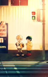 2boys aged_down arms_up bakugou_katsuki ball black_shirt blonde_hair boku_no_hero_academia clenched_hand coat commentary_request crosswalk denim dot_nose freckles green_hair green_shorts hand_on_own_hip highres holding holding_ball jeans layered_sleeves long_sleeves looking_to_the_side male_focus midoriya_izuku multiple_boys open_mouth outdoors pants print_shirt red_eyes red_shoes ryo_(piggerworld) shirt shoes short_hair short_over_long_sleeves short_sleeves shorts sideways_glance sneakers utility_pole vending_machine window yellow_coat