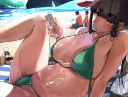 1girl 2boys basket beach beach_towel beach_umbrella blurry blurry_background breasts brown_eyes brown_hair commentary_request day highres jovejun knee_up large_breasts looking_at_viewer multiple_boys navel ocean original outdoors paid_reward_available parted_lips sand sandals sidelocks sitting solo_focus tanning_oil thick_eyebrows towel tsubomioka_happa umbrella unworn_sandals