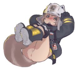 1girl anus arknights ass black_jacket blush boots bottomless brown_eyes brown_hair buck_teeth cleft_of_venus female_focus firefighter firefighter_jacket helmet highres id_card jacket knee_pads loli looking_at_viewer lying pussy shaw_(arknights) simple_background solo squirrel_girl squirrel_tail sweatdrop tail teeth tnso uncensored white_background