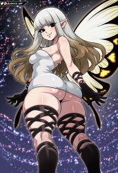1girl absurdres airy_(bravely_default) arms_at_sides artist_name ass black_eyes black_gloves black_thighhighs blannis bravely_default:_flying_fairy bravely_default_(series) breasts brown_hair closed_mouth dress fairy fairy_wings feet_out_of_frame female_focus from_behind from_below gloves gradient_hair grey_hair highres huge_ass lips long_hair medium_breasts multicolored_hair night night_sky pointy_ears short_dress sky smile solo standing strapless strapless_dress thick_thighs thighhighs thighs twisted_torso two-tone_hair white_dress wings