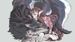 Rule 34 | 1boy, 1girl, animal, animal earrings, armor, brown hair, closed eyes, crown, elbow gloves, gloves, grey background, grey fur, highres, hug, kurokawa karasu, link, long hair, nintendo, pointy ears, princess zelda, shoulder armor, sidelocks, sketch, the legend of zelda, the legend of zelda: twilight princess, white gloves, wolf link