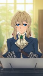 10s 1girl ascot backlighting blue_eyes brooch brown_hair female_focus gem hair_between_eyes hair_intakes highres jacket jewelry mechanical_hands orz_(orz57) prosthesis prosthetic_hand puff_and_slash_sleeves puffy_sleeves solo typewriter typing violet_evergarden violet_evergarden_(series) white_ascot