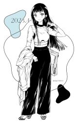 1girl alternate_costume bag bracelet full_body high_heels highres holding jewelry long_hair looking_at_viewer no_eyepatch no_heterochromia ring sakamoto_mio saki_hajime simple_background smile solo standing strike_witches white_background world_witches_series