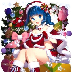 1girl ahoge blue_eyes blue_hair blunt_bangs boots box choker christmas_tree gift gift_box hat long_hair nina_voyage off_shoulder red_boots salt_(salty) santa_cape santa_costume santa_hat sitting uchi_no_hime-sama_ga_ichiban_kawaii white_choker