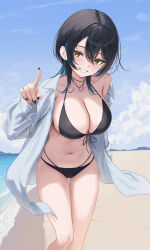 1girl absurdres aqua_hair beach bikini black_bikini black_hair black_nails blue_sky breasts cleavage cowboy_shot day highres index_finger_raised large_breasts multicolored_hair nail_polish navel open_clothes open_shirt original outdoors rama_(yu-light8) sand shirt short_hair sky smile solo swimsuit teeth water white_shirt yellow_eyes