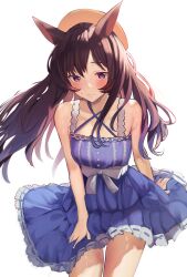 1girl animal_ears bare_shoulders blue_dress blush bow brown_hair brown_headwear closed_mouth cow criss-cross_halter dress halterneck highres horse_ears horse_girl long_hair looking_at_viewer mejiro_dober_(umamusume) mejiro_dober_(vacation_safir)_(umamusume) purple_eyes simple_background sleeveless sleeveless_dress solo solokitsune umamusume white_background white_bow wind wind_lift