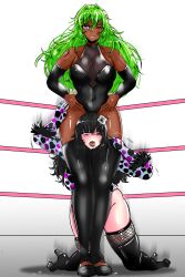 2girls absurdres dark-skinned_female dark_skin defeat embarrassed goth_fashion green_hair head_between_thighs highres humiliation jobber multiple_girls one_eye_closed scissorhold surrendering thighhighs wink wrestling