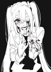 1girl alternate_costume blood blood_on_face blood_on_hands bloody_tears collared_shirt commentary_request eyepatch freckles greyscale hatsune_miku heart heart-shaped_pupils highres holding_eyeball incoming_gift jacket long_hair long_sleeves looking_at_viewer medical_eyepatch missing_eye monitoring_(vocaloid) monochrome multicolored_eyes necktie open_clothes open_jacket open_mouth osakana_(denpa_yun&#039;yun) purple_eyes red_eyes school_uniform shirt simple_background smile solo spot_color sweat symbol-shaped_pupils twintails upper_body vocaloid
