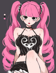 1girl absurdres black_choker black_skirt breasts choker collarbone color_guide commentary crop_top highres kasumi_6 knee_up large_breasts long_hair looking_at_viewer midriff miniskirt no_pupils one_piece parted_lips perona pink_hair ringlets simple_background skirt solo twintails very_long_hair