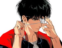 1boy arms_up black_hair closed_mouth commentary_request crew_neck expressionless eyepatch grey_eyes gyou_chin highres jacket looking_ahead male_focus medical_eyepatch one_eye_covered open_clothes open_jacket rukawa_kaede shirt short_hair simple_background slam_dunk_(series) solo upper_body white_background white_shirt