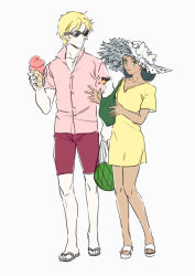 1boy 1girl bird blonde_hair casual char_aznable dark-skinned_female dark_skin dress food gundam hangleing hat ice_cream lalah_sune mobile_suit_gundam sandals sunglasses swan