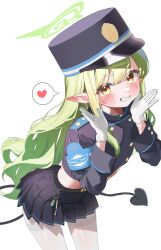 1girl absurdres armband black_jacket black_skirt blue_archive blue_armband blush commentary cowboy_shot cropped_jacket demon_girl demon_tail drawing_flover gloves green_hair green_halo halo hat heart highres hikari_(blue_archive) jacket leaning_forward long_hair long_sleeves looking_at_viewer miniskirt pantyhose peaked_cap pleated_skirt pointy_ears simple_background skirt speech_bubble spoken_heart tail white_background white_gloves white_pantyhose