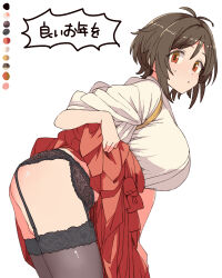 1girl antenna_hair ass black_thighhighs breasts brown_eyes brown_hair color_guide domyoji_karin garter_belt hakama idolmaster idolmaster_cinderella_girls japanese_clothes kimono large_breasts looking_at_viewer miko open_mouth red_hakama short_hair sleeves_rolled_up solo thighhighs thighs toriga_naku white_kimono