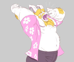 1boy arm_hair asgore_dreemurr bara bare_pectorals beard belly black_pants blonde_hair chest_hair closed_eyes commentary_request deltarune facial_hair facing_to_the_side fang floppy_ears furry furry_male gadoran2000cc horns male_focus muscular muscular_male navel nipples open_clothes open_mouth open_shirt pants pectorals pink_shirt plump shirt skin_fang sleepy stretching undertale white_fur yawning