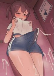 1futa animated animated_gif bathroom breasts brown_eyes brown_hair bulge covered_erect_nipples cum cum_in_clothes cum_through_clothes ejaculation erection erection_under_clothes futanari gym_shirt gym_shorts gym_uniform handsfree_ejaculation large_penis medium_breasts nipple_orgasm nipple_stimulation nipple_tweak penis shirt shiwa_kou shorts sole_futa solo testicles