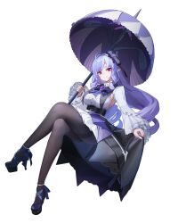 Rule 34 | 1girl, absurdres, black pantyhose, bow, bowtie, breasts, center frills, commentary, dress, drill hair, frills, full body, gem, ginlear, highres, holding, holding umbrella, large breasts, long hair, long sleeves, looking at viewer, mole, mole under eye, pantyhose, pointy ears, purple bow, purple bowtie, purple gemstone, purple hair, purple shoes, purple umbrella, red eyes, shoes, sideboob cutout, sidelocks, simple background, skirt hold, smile, solo, umbrella, vivian banshee, white background, zenless zone zero