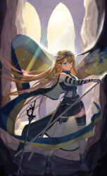 1girl arknights bare_shoulders battle_standard belt black_belt black_cape black_necktie black_skirt black_vest blonde_hair blue_eyes blue_hairband boots box_(bagsang59049289) braid breasts bridal_gauntlets cape collared_shirt commentary day dragon_horns english_commentary fingerless_gloves flag floating_clothes floating_hair full_body gloves grey_boots hair_between_eyes hairband highres holding holding_flag horns long_hair looking_at_viewer medium_breasts miniskirt necktie ruins saileach_(arknights) shadow shirt skirt sky sleeveless sleeveless_shirt solo standing sun sunlight sword teeth thighhighs two-sided_cape two-sided_fabric vest war_flag weapon white_cape white_gloves white_shirt white_thighhighs yellow_sky