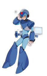 Rule 34 | 1boy, absurdres, android, armor, blue armor, blue bodysuit, blue boots, blue helmet, bodysuit, boots, breastplate, can, computer, drinking straw, energy tank, forehead jewel, gloves, green eyes, hand up, helmet, highres, invisible table, laptop, leaning on table, looking at viewer, male focus, mayutsuba mono, mega man (series), mega man x (series), robot, shade, solo, speech bubble, spoken squiggle, squiggle, standing, sweatdrop, white gloves, x (mega man)