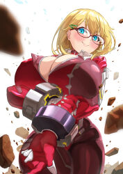 1girl aged_up blush bodysuit bracer breasts cleavage closed_mouth commentary_request contrapposto cowboy_shot glasses gloves hair_ornament hairclip highres hizakake huge_breasts looking_at_viewer red-framed_eyewear red_bodysuit red_gloves rubble shinohara_mari smile solo standing taimanin_(series) taimanin_rpgx taimanin_suit white_background