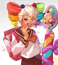 2girls :d anniemie2 backpack bag black_shoes blueberry_hair_ornament bow bowtie brown_bow brown_bowtie brown_eyes brown_sailor_collar brown_skirt cereal_cookie chibi cookie_run cookie_run:_ovenbreak drill_hair food-themed_bag food-themed_hair food-themed_hair_ornament freckles giant_spoon glasses grey_background hair_ornament heart highres holding holding_spoon humanization light_blush long_sleeves miniskirt multicolored_hair multiple_girls one_eye_closed open_mouth personification pink_bag purple_ribbon rainbow_hair raspberry_hair_ornament ribbon round_eyewear sailor_collar school_uniform serafuku shirt shoes short_hair signature sitting sitting_on_object skirt smile socks spoon tan twin_drills upper_body watermark white_hair white_shirt white_socks