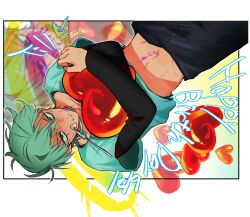 1boy absurdres alien_stage birthday black_pants black_shirt character_name commentary english_commentary english_text fork grey_hair happy_birthday heart highres holding holding_heart k4ri0su layered_shirt layered_sleeves long_sleeves male_focus midriff navel pants shirt short_hair short_over_long_sleeves short_sleeves solo till_(alien_stage) very_short_hair white_shirt