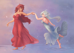 2girls bare_arms barefoot blue_eyes breasts closed_mouth commentary_request dress earrings gundam gundam_suisei_no_majo highres holding_hands jewelry long_hair medium_breasts miorine_rembran multiple_girls necklace red_dress red_hair ripples slothdev_(yat1215) smile standing standing_on_liquid strapless strapless_dress suletta_mercury water white_hair yuri