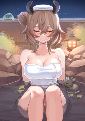 bare_shoulders breasts brown_hair cleavage closed_eyes closed_mouth collarbone hair_bun highres indie_virtual_youtuber laggingdlc large_breasts naked_towel naplings_(nimi_nightmare) nimi_nightmare nimi_nightmare_(tapir) onsen partially_submerged short_hair smile towel twitter_username virtual_youtuber