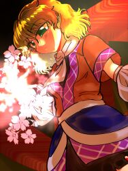 1girl black_shirt black_skirt blonde_hair brown_shirt closed_mouth commentary_request cowboy_shot expressionless flower glowing_flower green_eyes highres looking_down mizuhashi_parsee orange_background pink_flower pointy_ears sash scarf shippuu_jinnari shirt short_hair short_sleeves skirt solo touhou undershirt white_sash white_scarf