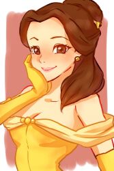 12_hnt 1girl animification beauty_and_the_beast_(disney) belle_(disney) breasts brown_eyes brown_hair dress earrings elbow_gloves gloves highres jewelry long_hair looking_at_viewer ponytail princess smile yellow_dress yellow_gloves