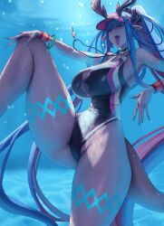 Rule 34 | 1girl, ass, body markings, bracelet, breasts, cleavage, cleavage cutout, clothing cutout, curvy, eu03, fate/grand order, fate (series), hand on own knee, highleg, highleg one-piece swimsuit, horns, huge ass, ibuki douji (fate), ibuki douji (swimsuit berserker) (fate), ibuki douji (swimsuit berserker) (first ascension) (fate), jewelry, large breasts, long hair, multicolored hair, one-piece swimsuit, oni, pointy ears, ponytail, shiny skin, swimsuit, tail, tall female, tongue, tongue out, two-tone hair, underwater, very long hair, visor cap, whistle, whistle around neck, wide hips