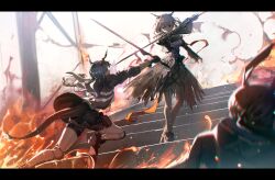 3girls absurdres amiya_(arknights) animal_ears arknights battle black_dress blue_hair blurry blurry_foreground brown_hair ch&#039;en_(arknights) commentary_request contrapposto dragon_girl dress eastern_dragon_horns eastern_dragon_tail fire frilled_dress frilled_sleeves frills full_body gloves grey_eyes grey_hair high_heels highres holding holding_sword holding_weapon hood hooded_jacket jacket knee_pads letterboxed low_twintails lunging medium_hair midair multiple_girls on_stairs pantyhose ponytail rabbit_ears satsuki_(satsuki_art) short_hair short_shorts shorts sword sword_clash talulah_(arknights) thighs three-quarter_sleeves twintails weapon