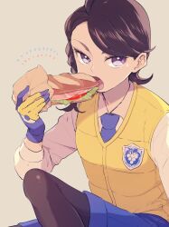 Rule 34 | 1girl, black hair, braid, brown hair, eating, food, gloves, highres, holding, juliana (pokemon), long hair, long sleeves, looking at viewer, necktie, nintendo, open mouth, pokemon, pokemon adventures, purple eyes, purple necktie, purple shorts, sandwich, sandwiched, school uniform, shirt, shorts, solo, uva academy (emblem), uva academy school uniform, vest, yellow vest, yui ko