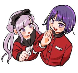 Rule 34 | 1boy, 1girl, black hairband, blush, bow, brother and sister, cropped torso, double bun, hair bow, hair bun, hairband, hand up, jacket, long hair, pannomimi0301, pink eyes, pink hair, purple hair, red jacket, red shirt, sailor collar, shirt, short hair, siblings, simple background, the hundred line -last defense academy-, tsukumo ima, tsukumo kako, twins, twintails, white background, white bow