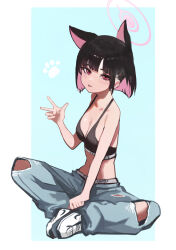1girl absurdres alternate_costume animal_ears black_hair blue_archive blue_pants blunt_ends blush bra breasts cat_ears cat_girl cleavage colored_inner_animal_ears colored_inner_hair grey_bra highres indian_style kazusa_(blue_archive) looking_at_viewer mamo_(user_jjca7524) multicolored_hair pants shoes short_hair sitting solo tongue tongue_out two-tone_hair underwear w white_shoes