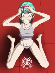 Rule 34 | 1girl, absurdres, barefoot, blue eyes, bulma, clenched teeth, dragon ball, dragonball z, feet, hairband, highres, midriff, navel, puyasawyer, scared, surprised, teeth, watermark, wide-eyed