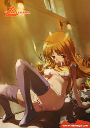 Rule 34 | 1girl, ahoge, alena (dq4), alternate legwear, apple, banana, bikini, breasts, chain, chunsoft, collar, curly hair, dragon quest, dragon quest iv, enix, feet, female focus, female masturbation, food, fruit, indoors, io takuya, long hair, masturbation, navel, orange hair, pussy juice, slave, solo, swimsuit, thighhighs, underboob, white bikini