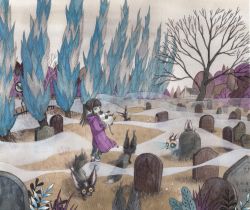 1girl animal black_hair blue_eyes bush child coat dandelion fence fennec_fox flower fog fox grass grave graveyard hand_puppet highres hood kou.k looking_back original outdoors overcast puppet purple_coat sign sky standing tree twintails
