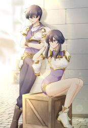 Rule 34 | 1537snow, 1boy, 1girl, absurdres, armor, armored dress, bare legs, black eyes, black hair, black pants, boots, breastplate, brother and sister, closed mouth, commentary request, crossed arms, dress, fire emblem, fire emblem: genealogy of the holy war, highres, larcei (fire emblem), looking at another, nintendo, pants, pauldrons, purple dress, purple shirt, scathach (fire emblem), shirt, shoes, short dress, short hair, short hair with long locks, shoulder armor, siblings, sidelocks, sitting, smile, thighs, twins, white shoes