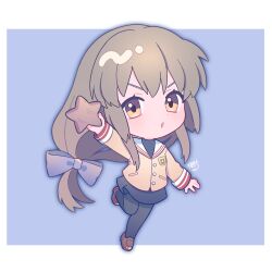 Rule 34 | 1girl, absurdres, black leggings, black skirt, border, brown hair, brown shoes, chibi, chibi only, clannad, full body, highres, holding, holding star, ibuki fuuko, leggings, long hair, long sleeves, looking at viewer, open mouth, outside border, sailor collar, sakumoti323, school uniform, shoes, signature, skirt, solo, star (symbol), v-shaped eyebrows, white border, yellow eyes