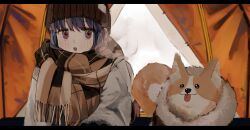 1girl absurdres animal beanie black_border blue_hair blush border breath brown_hat brown_scarf clothed_animal dog grey_jacket hat highres jacket letterboxed maegami_(daisuki_oekaki1) plaid_clothes plaid_scarf purple_eyes scarf shima_rin solo teeth tent upper_teeth_only welsh_corgi yurucamp