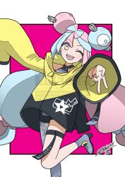 1girl 99akt1031 ;d absurdres blue_hair border bow-shaped_hair character_hair_ornament grey_pantyhose gyaru_v hair_ornament highres iono_(pokemon) jacket leg_up long_hair long_sleeves multicolored_eyes multicolored_hair nintendo one_eye_closed open_mouth outside_border pantyhose pink_eyes pink_hair pokemon pokemon_sv purple_background sharp_teeth signature simple_background single_leg_pantyhose smile solo standing standing_on_one_leg teeth thigh_strap twintails twitter_username two-tone_eyes two-tone_hair upper_teeth_only v very_long_hair white_border wide_sleeves yellow_eyes yellow_jacket