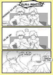 abs anger_vein angry_vein armpits bakudeku bakugou_katsuki bed bed_sheet bedroom blanket boku_no_hero_academia bones_(company) cellphone completely_nude curly_hair embarrassed freckles hickey hickey_marks highres midoriya_izuku muscular nervous nude on_bed pectorals phone relief ringtone scar scar_on_arm scared scratches shounen_jump spanish_text spiked_hair surprised waking_up yaoi