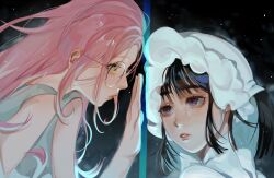 2girls against_glass aged_down alien_stage black_hair bonnet child commentary commission dress glasses hand_on_glass hashtag-only_commentary highres looking_at_another medium_hair mizi_(alien_stage) multiple_girls parted_lips pink_hair purple_eyes rain_dropcake round_eyewear sleeveless sleeveless_dress sua_(alien_stage) vgen_commission white_bonnet white_dress yellow_eyes