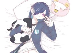 1boy animal_print bed_sheet bell belphegor_(obey_me!) blue_cardigan blue_hair blue_nails blush breast_pocket cardigan clothes_lift collarbone cow_print curled_horns from_above hair_over_one_eye holding holding_pillow hood hooded_cardigan horns light_smile long_sleeves looking_at_viewer lying male_focus mc_(obey_me!) midriff_peek multicolored_hair navel neck_bell neck_ribbon obey_me!:_one_master_to_rule_them_all! on_back pale_skin partially_unbuttoned pillow pocket purple_eyes raised_eyebrows ribbon sheep shironyan_nyan shirt_lift short_hair solo_focus streaked_hair striped_clothes tareme two-sided_fabric vertical-striped_clothes white_hair