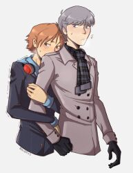 Rule 34 | 2boys, black gloves, coat, gloves, hanamura yousuke, holding another&#039;s arm, maxieeex3, multiple boys, narukami yu, persona, persona 4, plaid clothes, plaid scarf, scarf, trench coat, yaoi