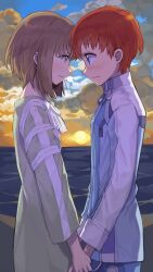 1boy 1girl asagi1111 blue_eyes blue_jacket blush brown_eyes brown_hair closed_mouth commentary_request eye_contact hetero highres holding_hands horizon jacket jr. light_frown looking_at_another medium_hair ocean outdoors red_hair sakura_mizrahi smile sun xenosaga xenosaga_episode_ii