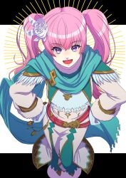 1girl :d aduti_momoyama aqua_scarf aqua_skirt belt eyes_visible_through_hair fire_emblem fire_emblem:_the_blazing_blade fire_emblem_heroes flower from_above gloves hair_between_eyes hair_flower hair_ornament hands_on_own_hips highres jewelry long_hair long_skirt long_sleeves looking_at_viewer necklace nintendo official_alternate_costume open_mouth pink_hair purple_eyes red_belt rose scarf serra_(fire_emblem) skirt smile solo standing twintails white_flower white_gloves white_rose